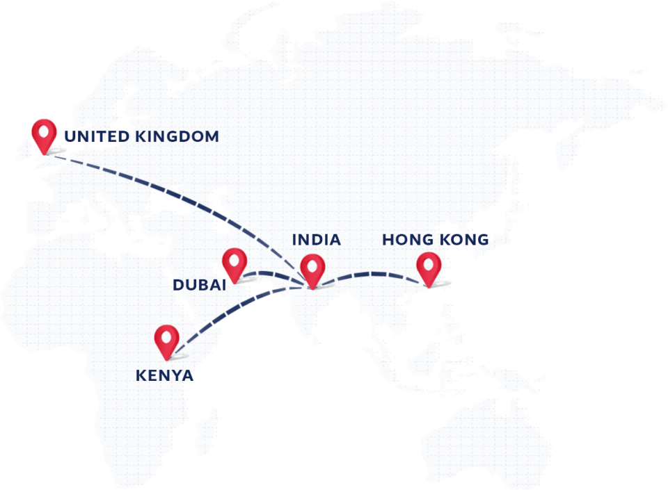 Map with pointers on UK, Dubai, India, Kenya and Hongkong